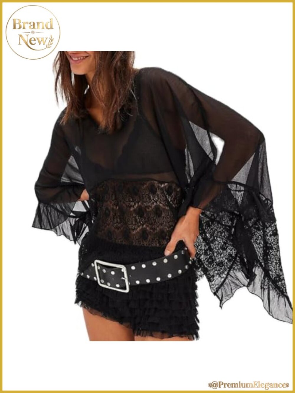 Sheer Lace Poncho Top Y2K Batwing Sleeve V-Neck Blouse Flowy